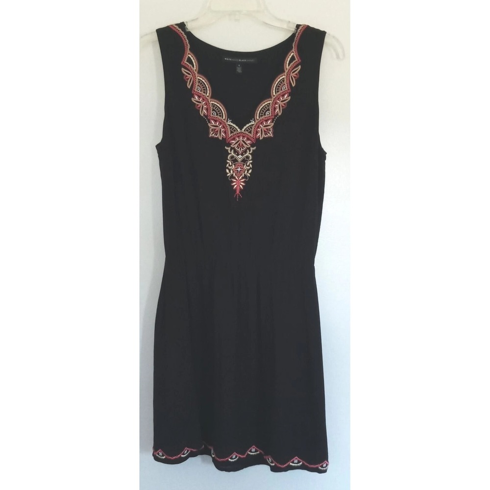 White House Black Market Embroidered Black Dress Women's Size Small Pre-owned